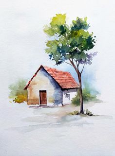 a watercolor painting of a small house next to a tree