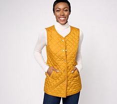 This stylish tunic vest features a quilted front and a sweater back, the perfect layer that will elevate your ensembles for a casual daytime look. From Denim & Co.® Fashions. Fall Sweater Vest With Pockets For Layering, Fall Layering Sweater Vest With Pockets, Layering Sweater Vest With Pockets, Sleeveless Tops For Fall Daywear, Fall Stretch Vest For Layering, Stretch Vest For Fall Layering, Fall Cotton Stretch Sweater Vest, Quilted Vest For Layering In Fall, Fall Workwear Stretch Vest