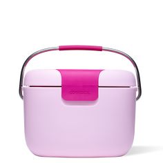 a pink lunch box with handle on white background