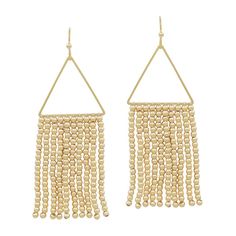 Crafted with lightweight materials, these Gold Tri Bead Fringe earrings offer a comfortable and stylish option for accessorizing. Their lightweight design makes them perfect for all day wear, while the gold tri bead fringe adds a touch of elegance to any outfit. A must-have addition to any jewelry collection. Cheap Gold Beaded Chandelier Earrings, Cheap Gold Fringe Jewelry, Cheap Party Jewelry With Beaded Fringe, Bead Fringe Earrings, Bead Fringe, Modern Shop, Beaded Fringe, Fringe Earrings, The Gold