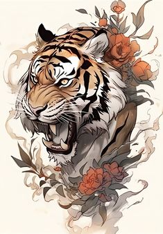 a tiger with flowers on it's back and its face painted in watercolor