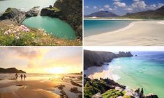 four different pictures with people walking on the beach and in the water at sunset or sunrise