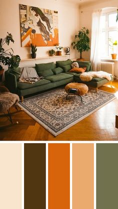 a living room filled with furniture and lots of color swatches in shades of orange, green