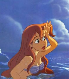 ariel from the little mermaid with her hands on her head looking at something in the water