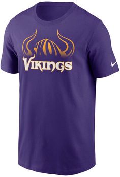 Make your dedication to the Minnesota Vikings clear with this Hometown Collection Helmet T-shirt. This Nike T-shirt features distinct team graphics that pay homage to your favorite squad and are sure to catch the eyes of fellow fans. Add this soft cotton shirt to your game day rotation and leave no doubt that you're rooting for a big Minnesota Vikings win. Purple Sports T-shirt With Logo Print, Sports Purple T-shirt With Logo Print, Nike Purple Crew Neck T-shirt, Sports T-shirt Purple With Logo Print, Purple Crew Neck T-shirt With Team Name, Purple Graphic Print T-shirt For Sports Season, Casual Purple T-shirt For Fan Gear, Purple Graphic Tee Fan Merchandise, Purple Tops With Team Name For Fan Gear