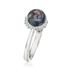 Ross-Simons - 7-7.5mm Black Cultured Pearl Ring, Diamond Accents in Silver. Size 8. An elegant look priced to please, this bold 7-7.5mm black cultured freshwater button pearl ring features a sparkling halo of diamond accents. Crafted in polished sterling silver. 3/8" wide. Black pearl ring. Pearl birthstones are the perfect gift for June birthdays. Black Pearl Ring, Cultured Pearl Ring, Pearl Jewelry Set, Pearl Birthstone, Freshwater Pearl Ring, Pearl Jewelry Sets, Three Rings, Black Culture, Pink Pearl