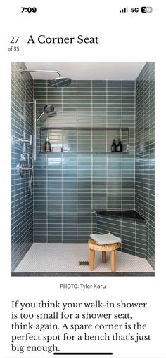 Shower Niche And Bench Ideas, Walk In Shower With Bench, Shower With Bench, Shower Benches, Art Deco Bathrooms, Dark Bathroom Ideas, Bathroom Tub Shower, Dark Bathrooms, Cabin Bathrooms