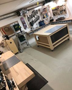 a workbench in a garage with lots of tools