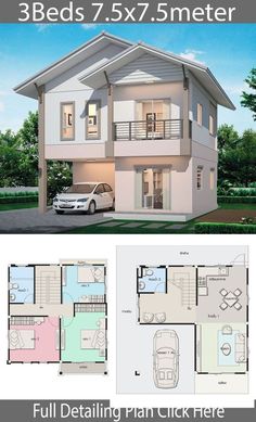 two story house plan with 3 beds and 5x7 meter floor plans in the front