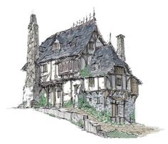 an artistic drawing of a house on a hill