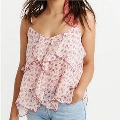 Has Adj. Shoulder Straps And Pretty Ties. Multi Layer Ruffles. Nwt Size Xs Summer Layering Pink Blouse, Pink Ruffle Tops For Layering, Pink Ruffled Tops For Layering, Floral Print Tops For Summer Layering, White Floral Print Tops For Layering, Y2k Pink, Floral Ruffle, Y2k Style, Cami Top