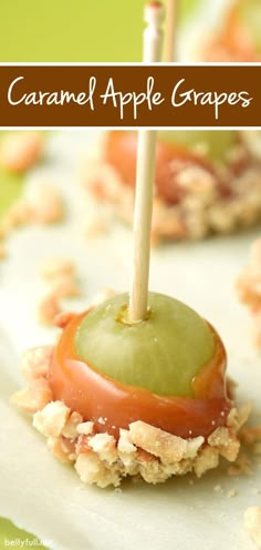 an apple is sitting on top of crackers with toppings and a toothpick