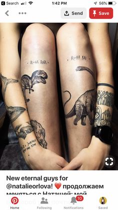 two people with tattoos on their legs sitting next to each other