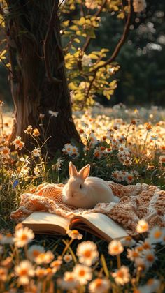 an animal laying on top of a blanket in the grass next to a tree and flowers