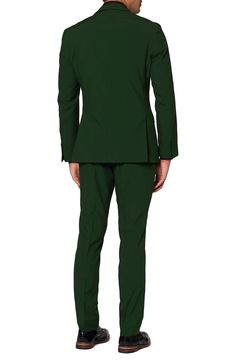 A wash of deep, bold green brings entrance-making distinction to a suit that keeps you crisp and smart in a jacket, pants and matching tie. Includes matching jacket, pants and tie 100% polyester Machine wash, line dry Imported Fitted Dark Green Business Suit, Classic Dark Green Semi-formal Suits, Green Slim Fit Tuxedo For Formal Occasions, Formal Dark Green Blazer With Notch Lapel, Tailored Dark Green Business Suit, Classic Dark Green Business Suit, Green Tuxedo With Notch Lapel For Business, Green Notch Lapel Tuxedo For Semi-formal Occasions, Green Slim Fit Tuxedo With Notch Lapel