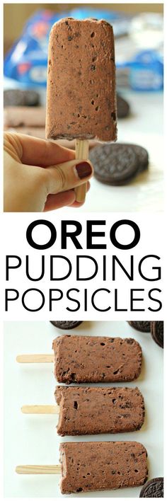 oreo pudding popsicles with chocolate cookies on top and the words oreo pudding popsicles above them