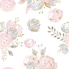 pink and silver flowers on white background with gold glitter accents for wallpaper or fabric