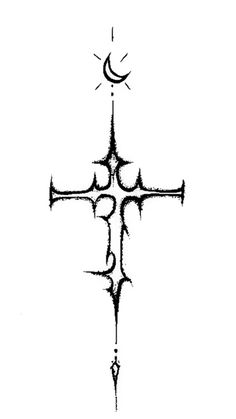 a black and white drawing of a cross with the moon in the sky above it