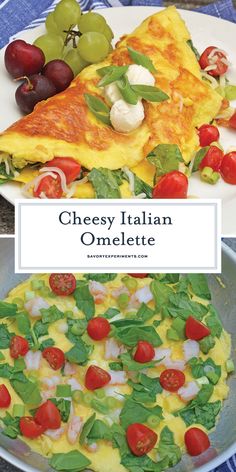 the cover of cheesy italian omelette with tomatoes, onions and spinach