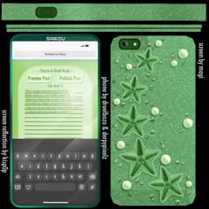 an image of a cell phone with stars on the back and green glittered case