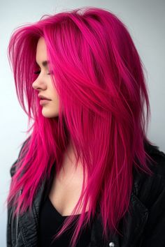 Cool Shoulder Length Haircuts, Layered Hair Color, Messy Shoulder Length Hair Choppy Layers, Medium Length Hair You Can Still Put Up, Cool Vivid Hair Color, Pink Layered Hair, Volume Haircuts For Long Hair, Alt Haircuts Long, Layered Haircuts For Straight Hair