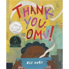 a child reading a book with the words thank you omu written above it in bold colors