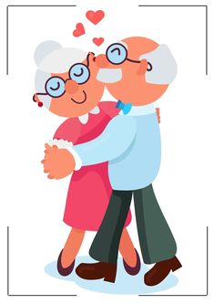 an elderly couple hugging each other with hearts flying above them in the air behind them