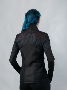 A cyberpunk jacket will bring a lot of attention to the wearer. It's made of softshell, knit jersey, and 3D mesh fabrics. The fabric has some stretch. It has thumbhole sleeves. 3D mesh inserts are covered by colored lining - red or black, that gives it more depth.  KEY FEATURES - 2-way zipper - Thumbhole sleeves - Softshell fabric - Low pilling fabric - Fitted garment - Easy to care FABRIC: Softshell: PES 97%, EL 3% Black jersey: CV 75%, PES 20,% EL 5% Black textured jersey: PES 97%, EL 3% Mesh Edgy Fitted Outerwear For Cosplay, Black High Stretch Outerwear With Thumbholes, Fitted Long Sleeve Punk Outerwear, Fitted Alternative Outerwear With Zipper Closure, Fitted Techwear Outerwear For Winter, Edgy Fitted Outerwear For Streetwear, Edgy Fitted Streetwear Outerwear, Stretch Nylon Techwear Outerwear, Black Winter Outerwear With Thumbholes