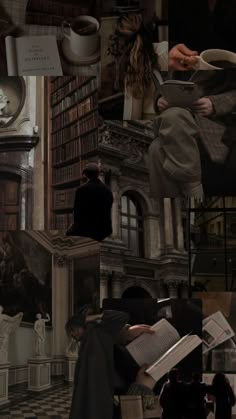 collage of people reading books and drinking coffee in an old - fashioned library, while others look on