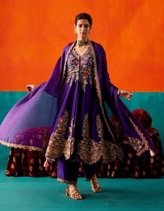 Aman Takyar | Purple Floral Embroidered Anarkali Set | INDIASPOPUP.COM Purple Indian Outfit, Purple Anarkali, Velvet Suit Design, Maharani Designer Boutique, Indian Fashion Trends, Traditional Attires, Embroidered Anarkali, Salwar Suits Online, Casual Indian Fashion