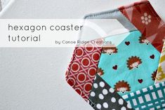 the hexagon coaster is made up of many different fabrics and fabric pieces, with text overlay that reads hexagon coaster