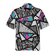 Memphis Texture Button Up Shirt. If you're a fan of Memphis style art and geometric designs then this Memphis Texture Button Up Shirt is perfect for you! Features a head-turning design of black and white geometric shapes with pockets of multicolored triangles. This design is inspired by Memphis style art. If you love unique creations then this is the perfect button-up shirt for you. Classy yet very comfortable to wear; this shirt is perfect to keep you cool and looking great all day. Product Det Modern Black Printed Tops, White Shirt With Geometric Pattern For Summer, Retro Graphic Print Shirt, Black Casual Tops With Retro Print, Casual Tops With Abstract Pattern And Short Sleeve, Casual White Shirt With Retro Print, Patterned Collared Shirt With Graphic Print, Black Collared Shirt With Graphic Print, Retro Black Summer Shirt