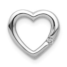 Rhodium over 14k white gold diamond heart chain slide. Measures approximately 3/8"L x 3/8"W. Formal Diamond Heart Charm Jewelry, Sterling Silver Open Heart Jewelry With Vvs Clarity, White Gold Heart Pendant Jewelry With Polished Finish, Heart Cut Diamond Jewelry With Polished Finish, Heart-shaped White Gold Jewelry With Diamond Accents, Silver Diamond Heart Necklace In Fine Jewelry Style, Fine Jewelry Silver Diamond Heart Necklace, White Gold Heart Cut Jewelry With Polished Finish, Sterling Silver Open Heart Jewelry With Diamond Accents