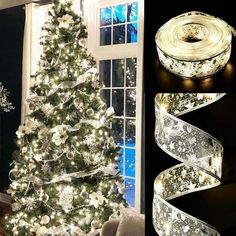 the christmas tree is decorated with white and silver ribbons, lights and snowflakes