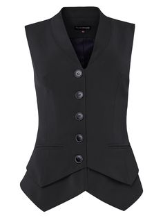 Embodying the concept of power suiting, this sharply tailored black vest features a V-neckline with button closure, pointed hemline, jetted pockets, and a tailored fit. Cut from a luxurious stretch crêpe, it is versatile enough to style and wear repeatedly.  Its smooth satin lining ensures it will layer bulk-free over shirting – though we suggest wearing it solo for a more daring look. Harmonise it with its matching High-Waist Pencil Midi Skirt or High-Waist Flared Trousers to complete the flatt Character Clothing, Black Vest, Blazer With Jeans, Straight Leg Trousers, Polyester Satin, Professional Outfits, Crepe Fabric, Jacket Sale, Black Media