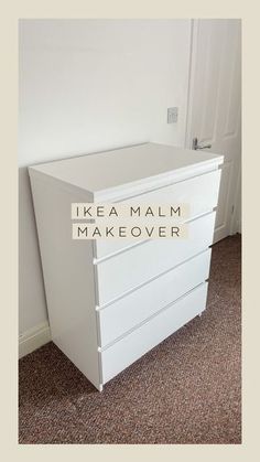 a white dresser with the words ikea malm makeover on it's side