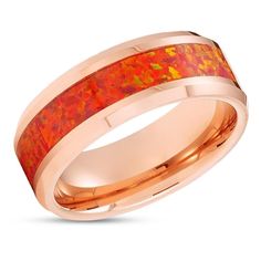 a wedding band with an orange opal inlay