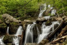 a small waterfall in the middle of a forest