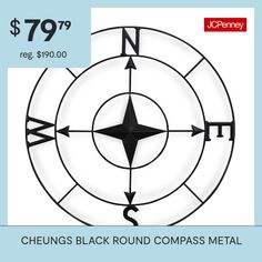 a black and white compass with the words cheungs round compass metal $ 79 99