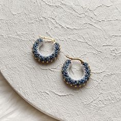 Denim Beaded Hoop Earrings Blue White and Gold Seed Bead Hoop Earrings Ready to Ship Gift Under 40 for Mom - Etsy Blue Beaded Round Hoop Earrings, Handmade Blue Beaded Hoop Earrings, Handmade Blue Beaded Small Hoop Earrings, Blue Beaded Small Hoop Earrings, Small Blue Beaded Hoop Earrings, Blue Hoop Beaded Earrings With Tiny Beads, Blue Beaded Hoop Earrings Gift, Gift Blue Beaded Hoop Earrings, Blue Hoop Earrings With Tiny Beads