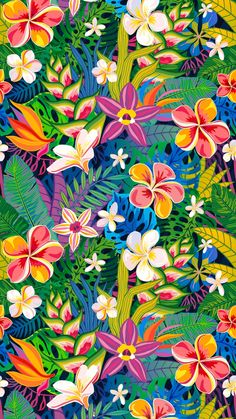 colorful tropical flowers and leaves on a green background seamless wallpaper pattern with bright colors