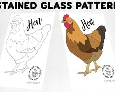 two pictures of chickens with the words stained glass patterns on them and an image of hens