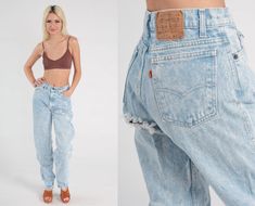 "Vintage 80s 90s jeans by Levis with a high waist and a straight leg. Distressed with rips and bleach marks. Please see measurements and condition below. Every garment we sell is authentic vintage and one-of-a-kind! You will receive the exact item photographed. Condition: Lightly distressed. has large holes in back, See photos. Best fits: Labelled 30 x 34 Tag: Levi's Material:  Denim MEASUREMENTS Taken from seam to seam while the garment is lying flat. Double the armpit, waist, and hips For refe Jean Levis, Bleached Jeans, 90s Jeans, Jean Vintage, Jeans Straight Leg, Levis Jeans, High Waisted Pants, Distressed Jeans, Jeans Denim