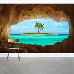 an image of a beach scene with palm trees in the cave wallpaper mural print