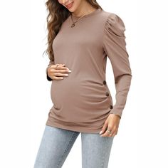 Maternity Shirts Side Button and Ruched Maternity Tunic Tops Casual Puff Long Sleeve Pregnancy Blouse Top Maternity Clothes Olive XXL Stretch Long Sleeve Maternity Tops, Fitted Long Sleeve Maternity Tops, Long Sleeve Fall Maternity Tops, Maternity Long Sleeve Tops For Spring, Spring Maternity Top With Long Sleeves, Spring Maternity Long Sleeve Tops, Maternity Work Clothes, Maternity Shirts, Maternity Tunic