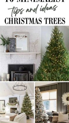 christmas trees in different styles and colors with text overlay that reads 10 minimalist tips and ideas for christmas trees