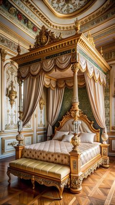 an ornate bed with gold and white decor in a room that looks like it has been painted