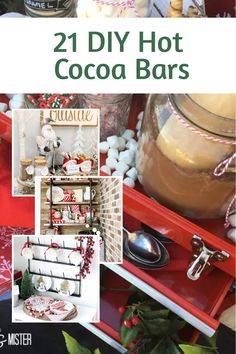 two diy hot cocoa bars on a red tray with christmas decorations in the background