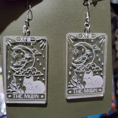 Acrylic Earrings With Tarot Card Image 2" Tarot Earrings, Shrink Jewelry, Acrylic Earrings Laser Cut, Laser Cut Jewelry Acrylic, Laser Engraved Earrings, Earring Art, Cat Acrylic, Anime Earrings, Laser Cut Cards