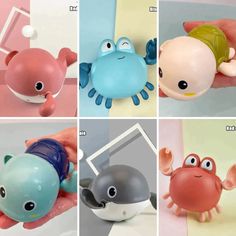 four different pictures of various toys in the shape of fish and crab shapes, with eyes on each one